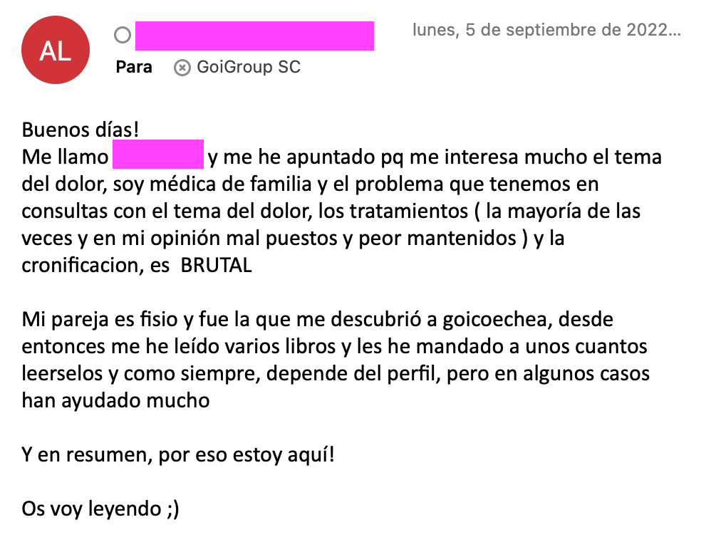 Testimonio email: lectora relata su proceso de mejora con educación en neurociencia del dolor