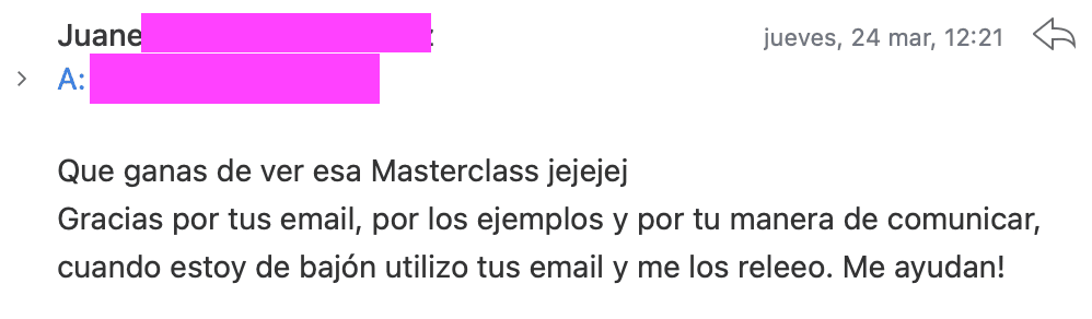 Captura de email de seguidor describiendo su proceso de recuperación con GoiGroup