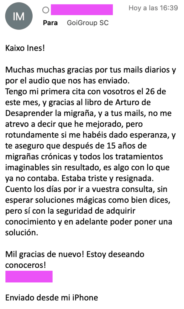 Captura de testimonio de lectora sobre su transformación en la relación con el dolor con GoiGroup