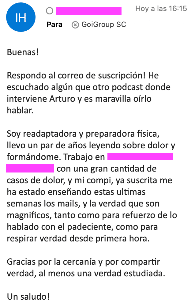 Captura de email de seguidora agradeciendo los correos diarios de GoiGroup sobre el dolor