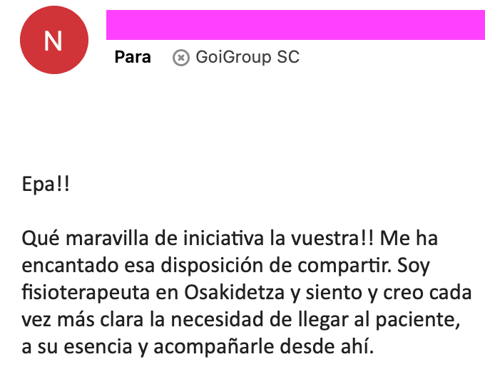 Captura de email de médico o fisioterapeuta valorando el documental El dolor se aprende de GoiGroup