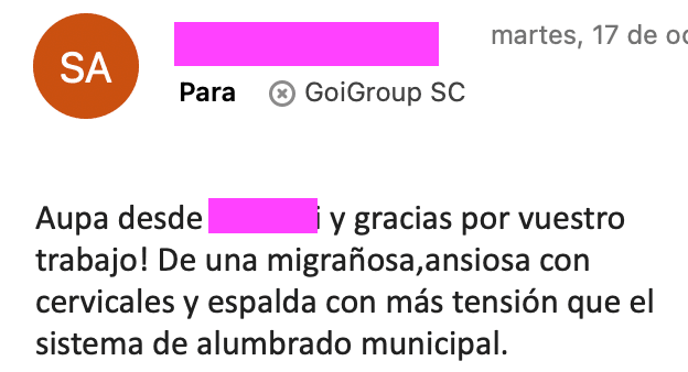 Email de seguidora: proceso de recuperación de síntomas crónicos con el newsletter de GoiGroup