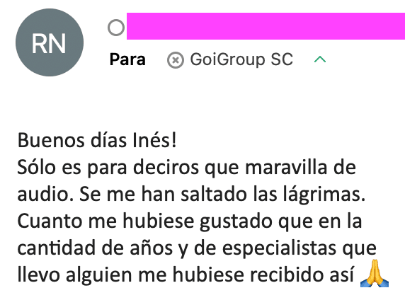 Captura de email de seguidor sobre la eficacia del abordaje biológico de GoiGroup para el dolor