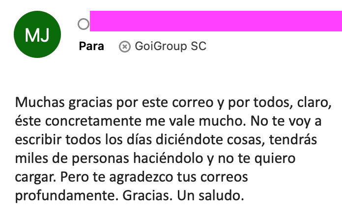 Captura de pantalla de testimonio: lector comparte sus avances con el método GoiGroup