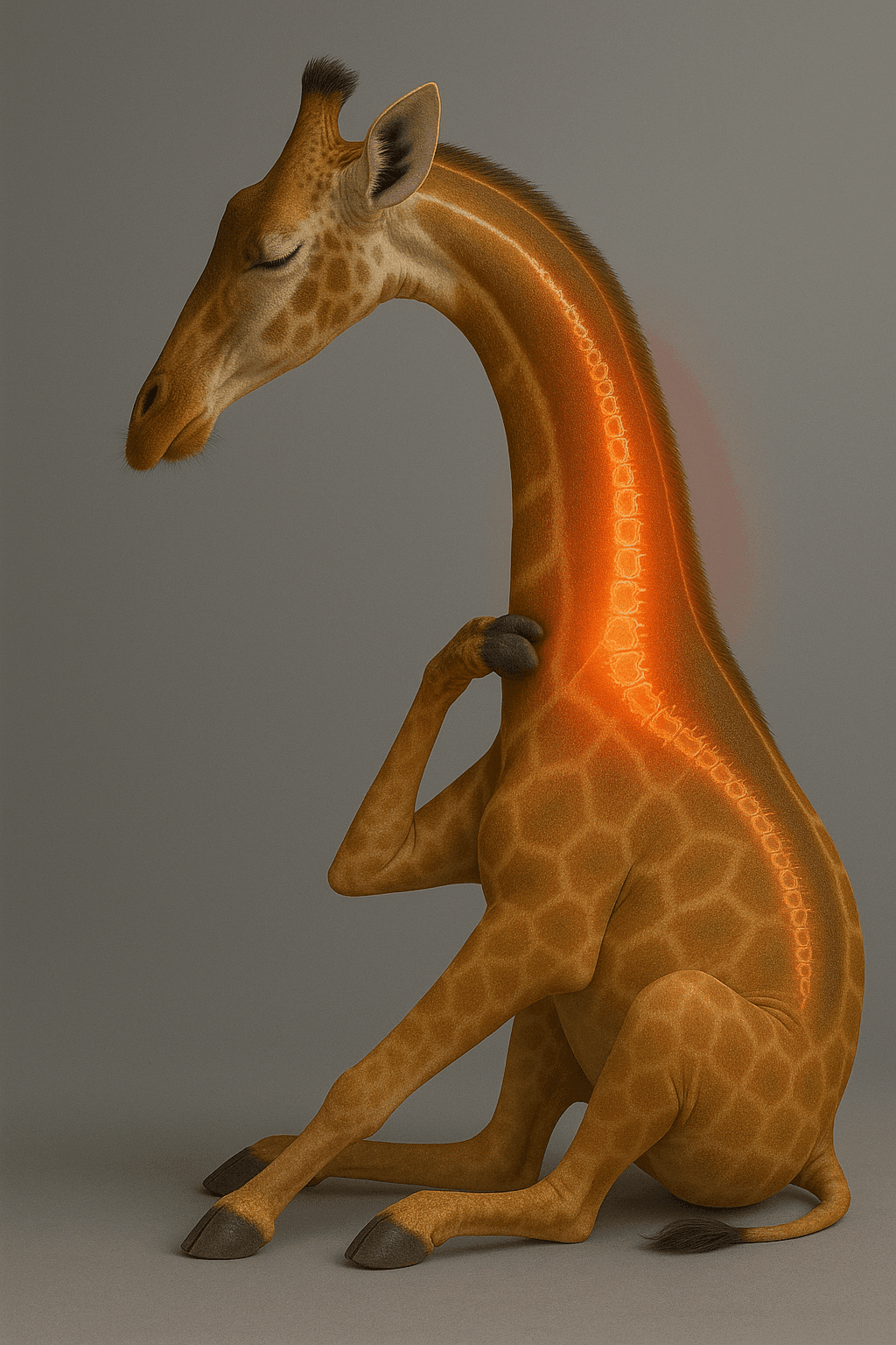 Ilustración humorística de jirafa con contractura cervical: metáfora del dolor musculoesquelético