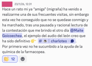 Captura de pantalla del chat de la membresía GoiGroup: miembro con migraña comparte que por primera vez no ha necesitado medicación